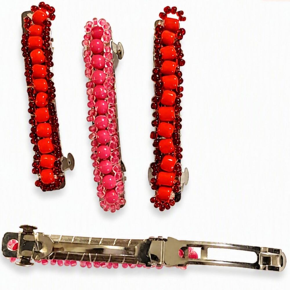 Set of 4 VTG Retro Y2K 90s 80s Style Hand Beaded Red Pink Hair Clips Barrettes